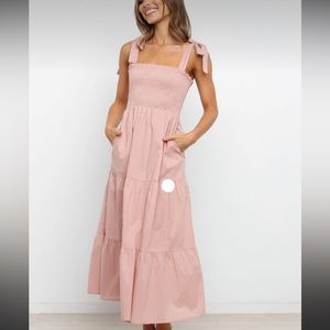 Petal + Pup pink long dress with ribbed chest and tie straps and pockets